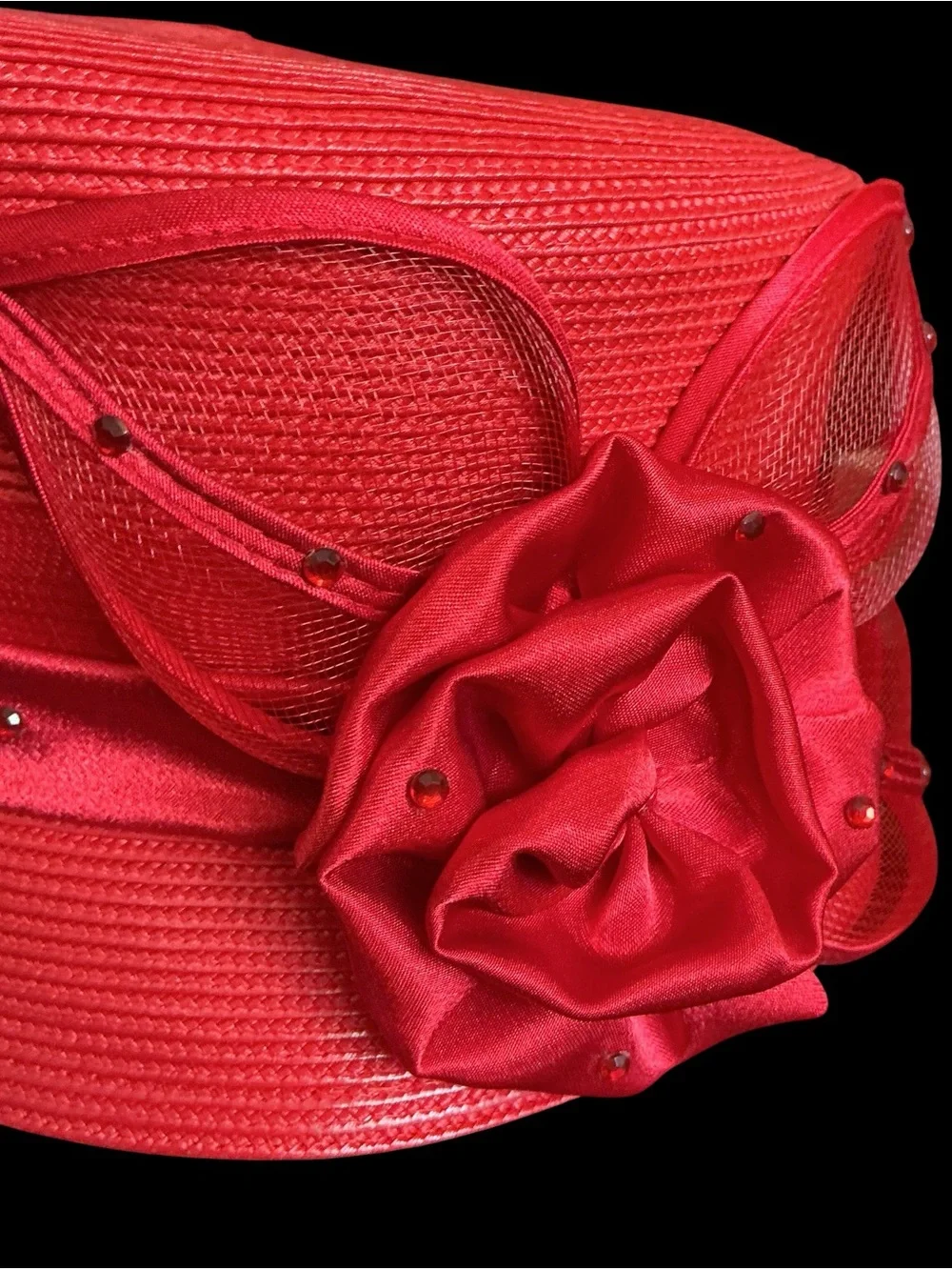Women's New York Red Straw Hat with Satin Flower, Derby Hat, Sunday Best